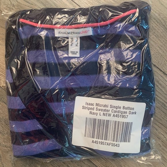 NWT ISAAC MIZRAHI SINGLE BUTTON STRIPED CARDIGAN SWEATER DARK NAVY LARGE - Picture 10 of 13